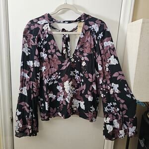 NEW AE Babydoll Purple Floral Boho Bell Sleeve Shirt Top Sz S Y2K Fairy Soft Alt